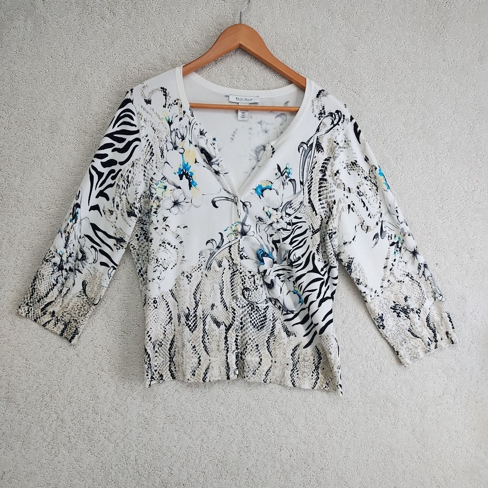 White House Black Market Cardigan Womens XL Animal Floral Button White
